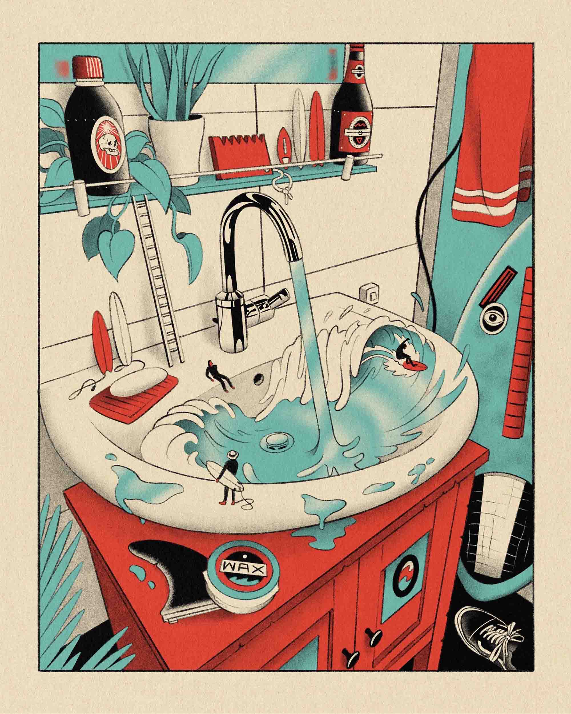 Comic sketch of a surfer riding inside a bathroom sink