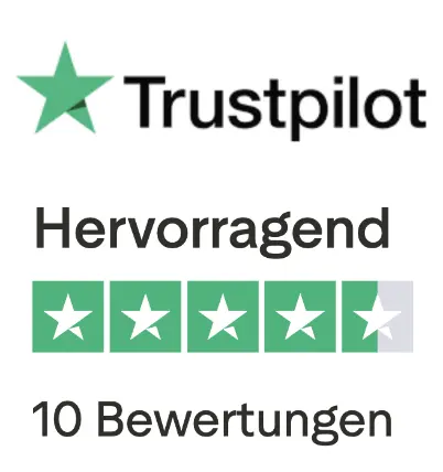 Trustpilot logo with German text 'Hervorragend' and a 4.5-star rating based on 10 reviews.