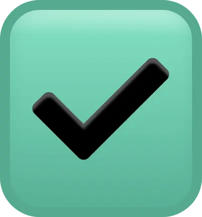 Black checkmark icon on a rounded turquoise square background.