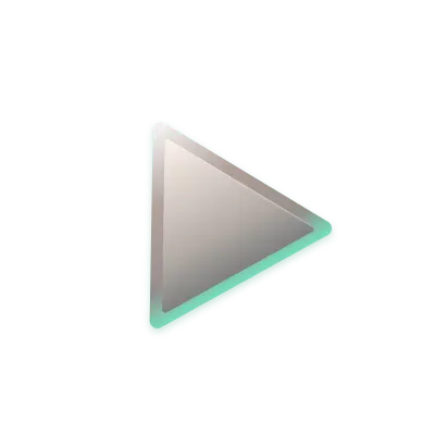 Gray play button icon with a subtle shadow and teal outline on a transparent background. Leads to YouTube.
