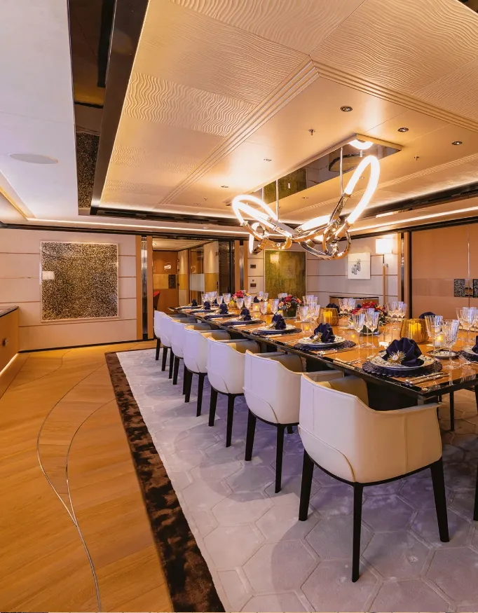 Project X Superyacht interior. Beautifully styled with warm colours and soft materials.