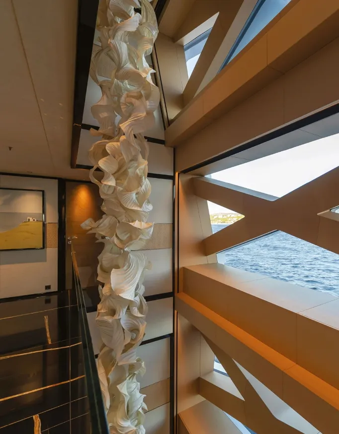 Project X Superyacht interior. Beautifully styled with warm colours and soft materials.