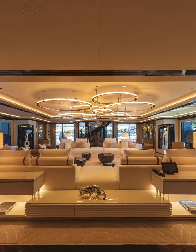Project X Superyacht interior. Beautifully styled with warm colours and soft materials.