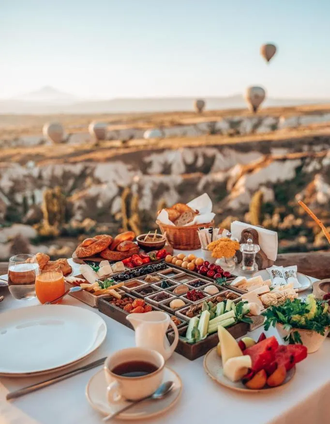 Breakfast with a stunning view over Cappadocia at Hotel Argos In Cappadocia.