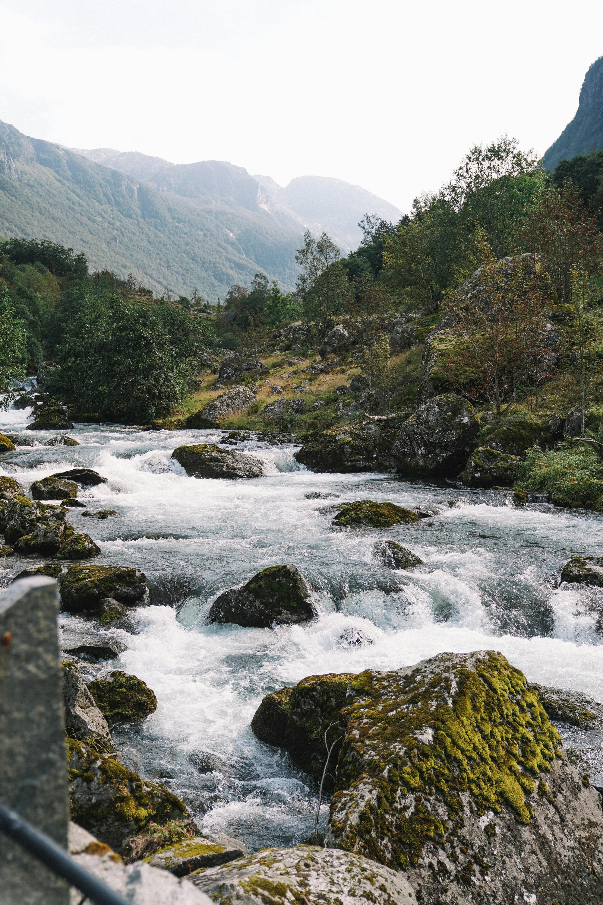 River in Norway with a fjord in the background.