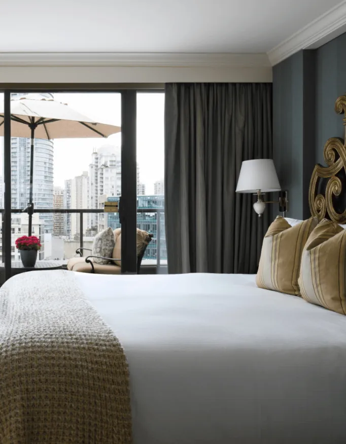 Luxurious room with a stunning view at the Wedgewood Hotel  and Spa.