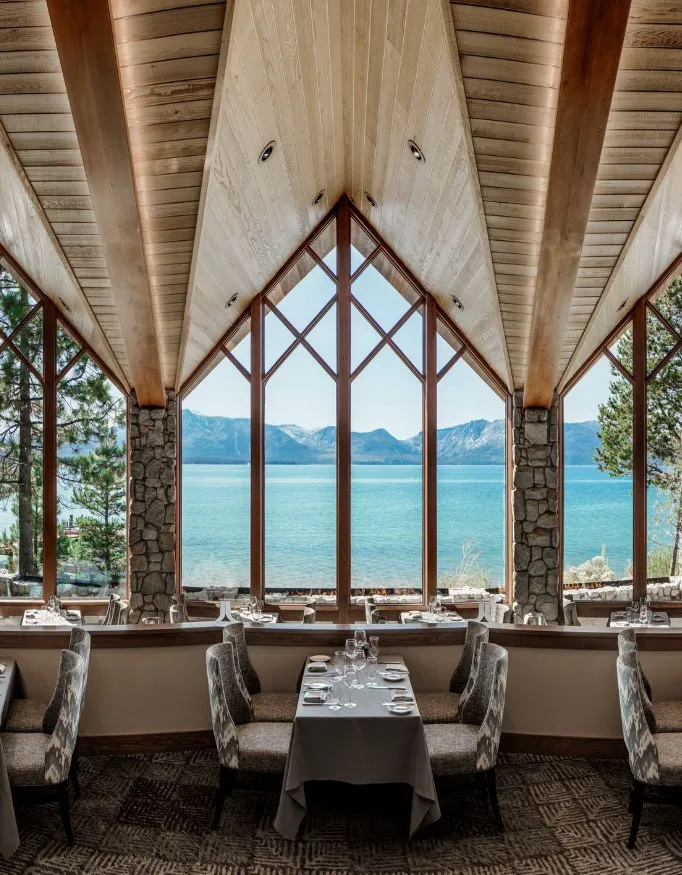 Restaurant at the Edgewood Tahoe Resort with a stunning view on the lake.