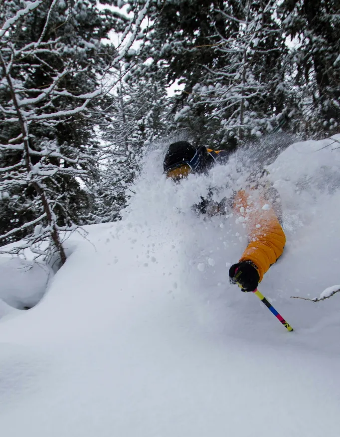 A skier skiing off-piste as blowing snow rises.
