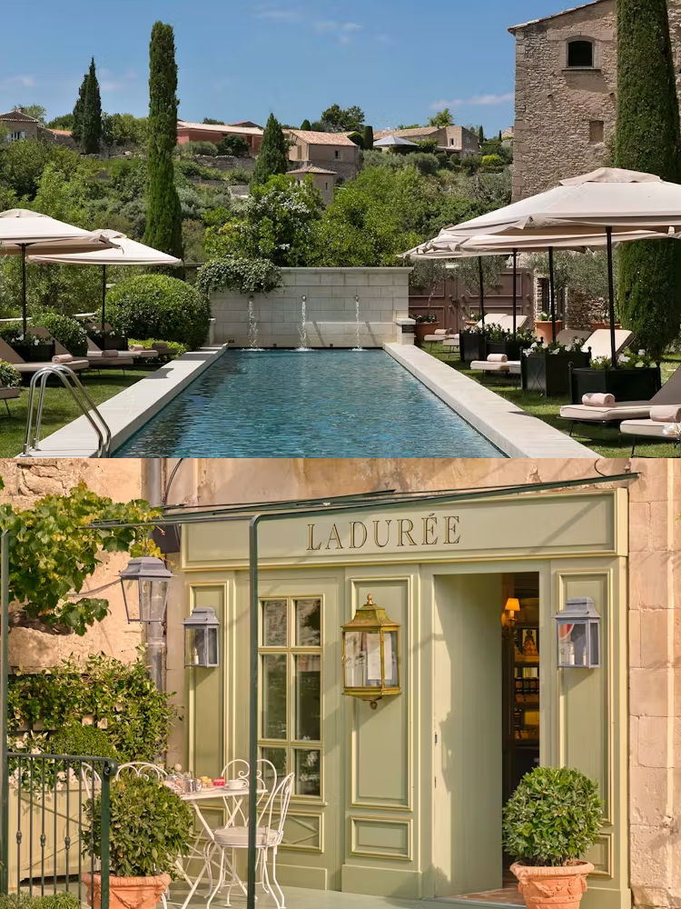 Swimmingpool and front view of Airelles Gordes - La Bastide.