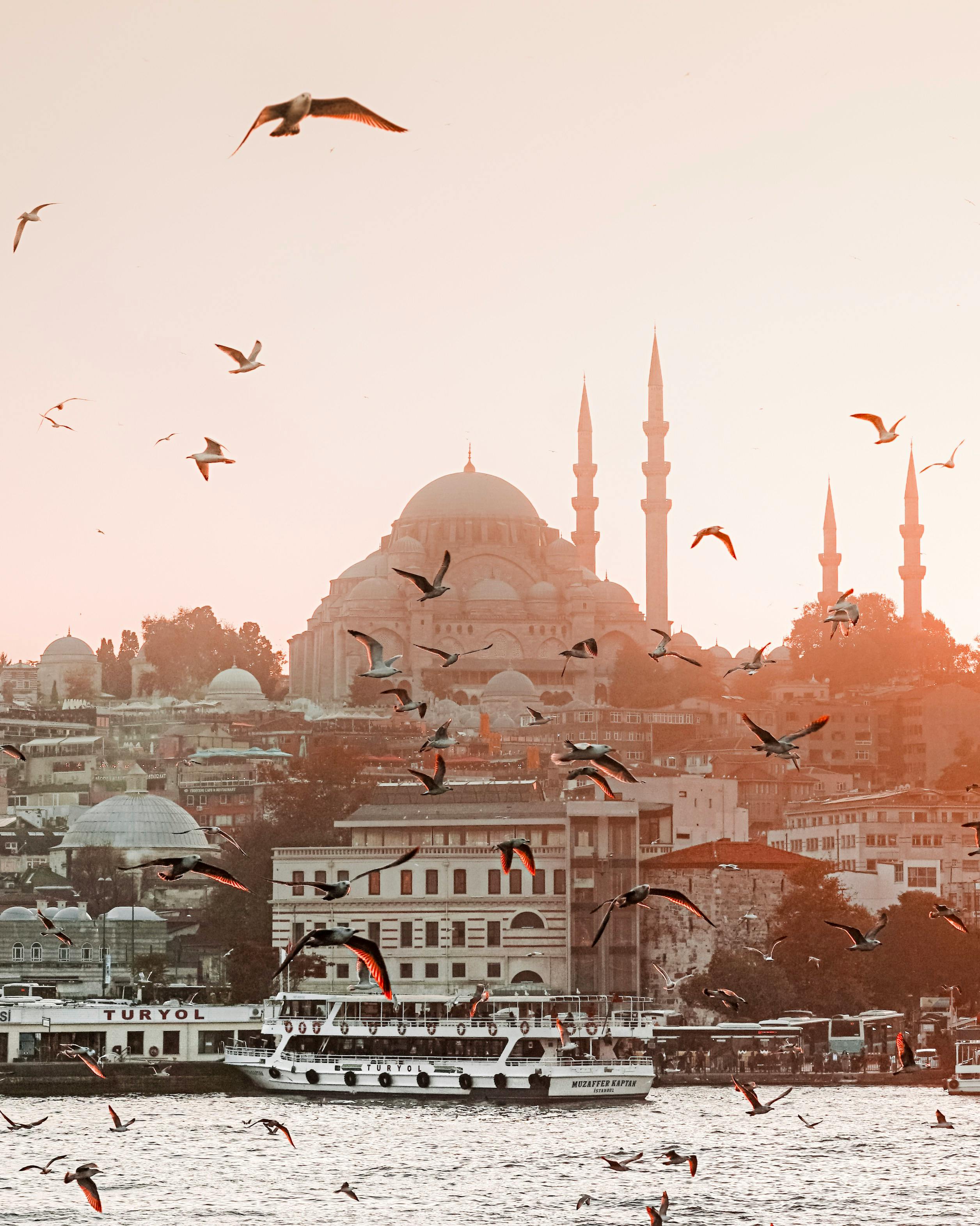 View over the Bosphorus with the Hagia Sophia in the background in Istanbul.