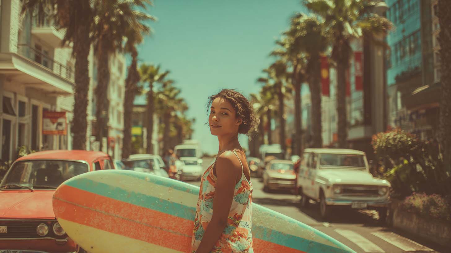 a dark skin women holding a surfboard