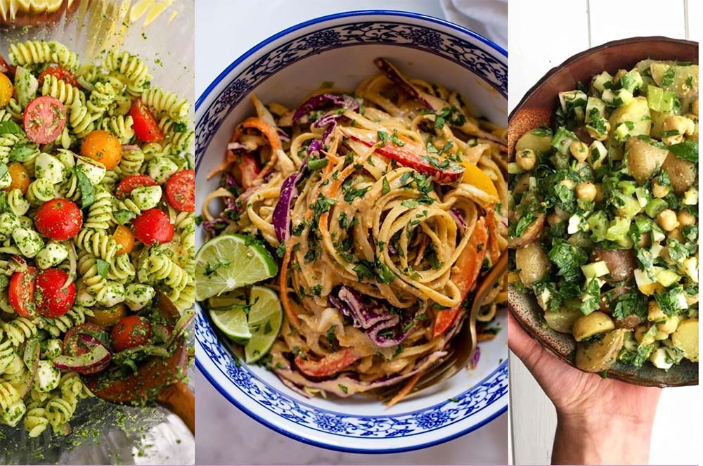 three plates with diffrent food