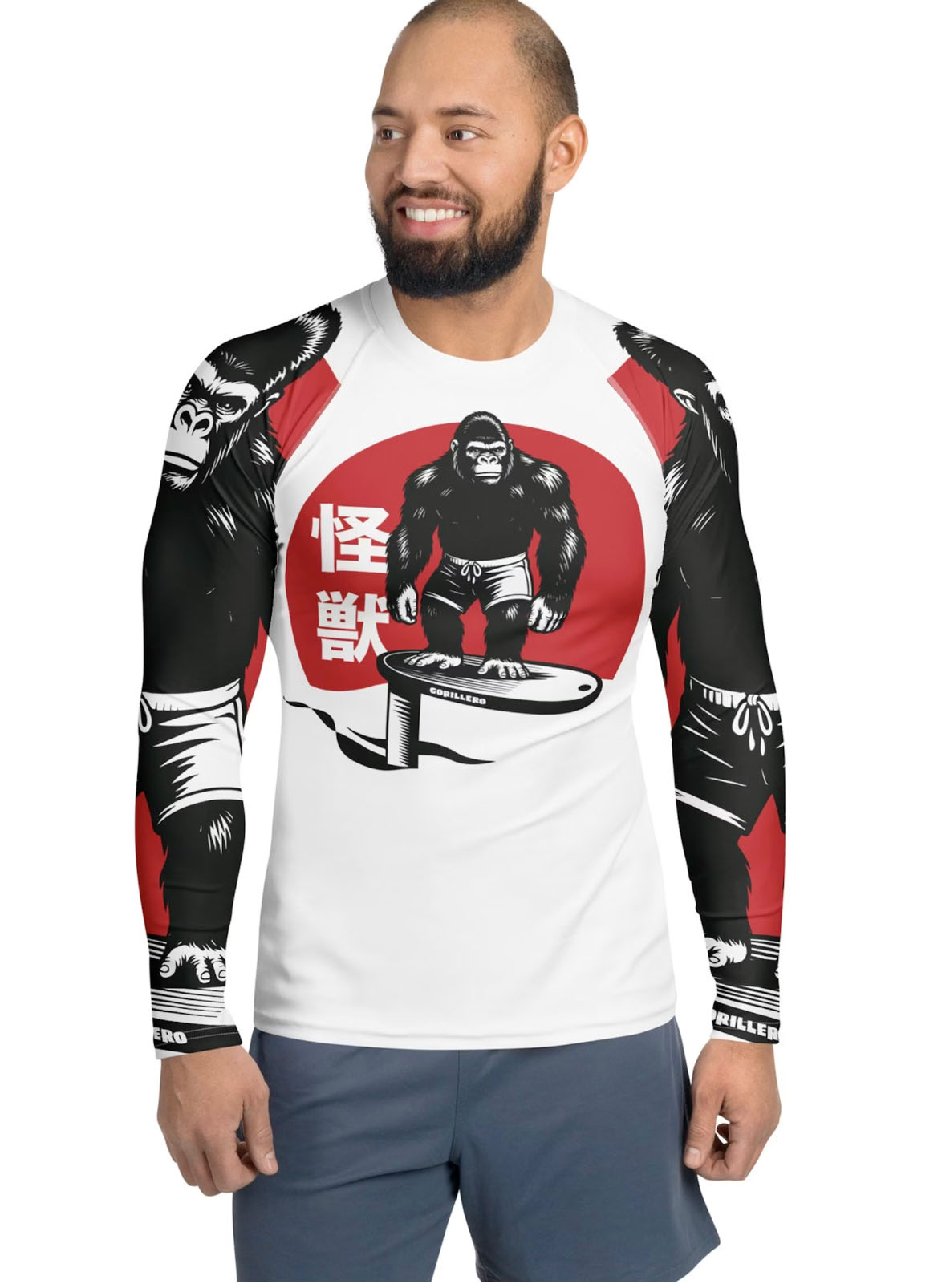 a man wearing a surf shirt with a gorila