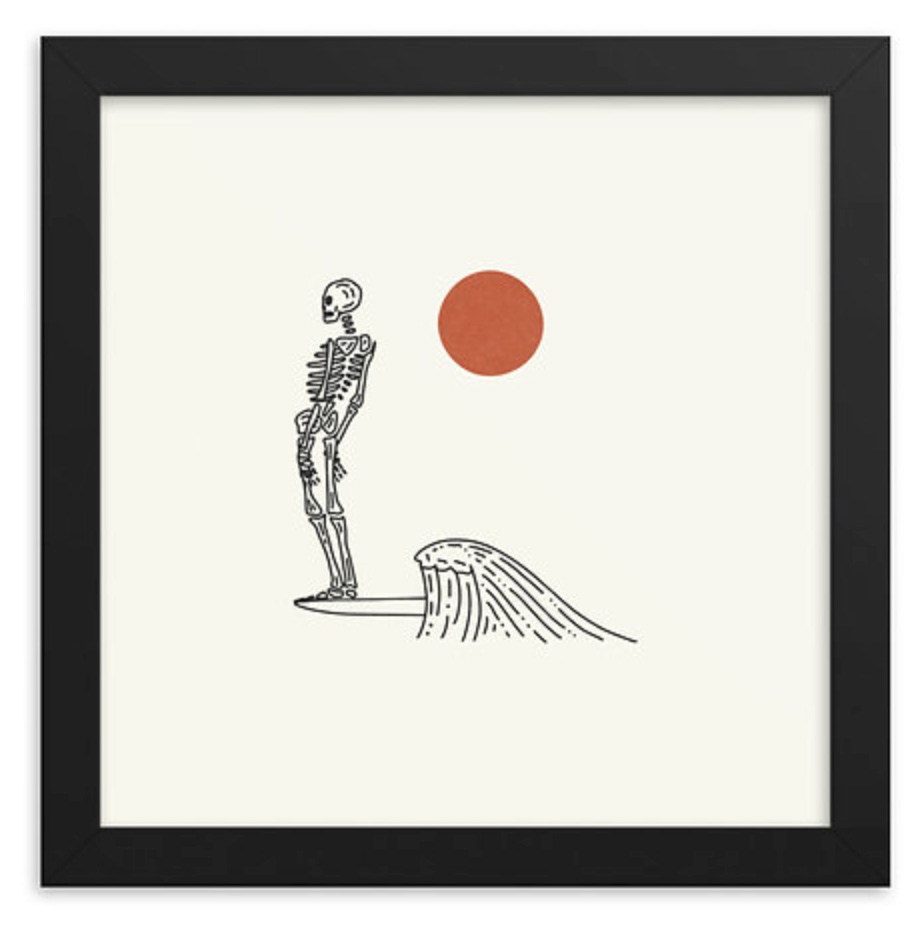 a skult on a surfboard