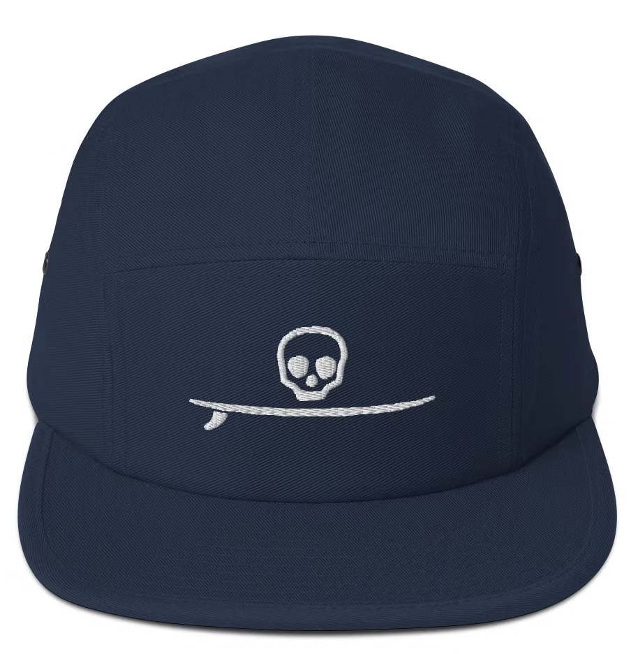 a blue hat with a surfboard illustration