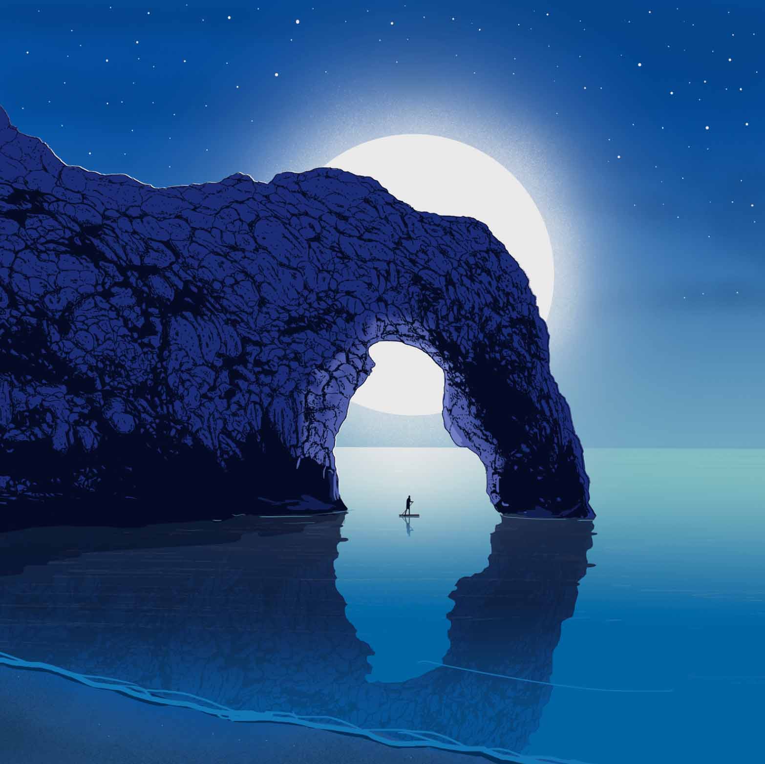 a guy riding a sup on a lake at night illustration surfart