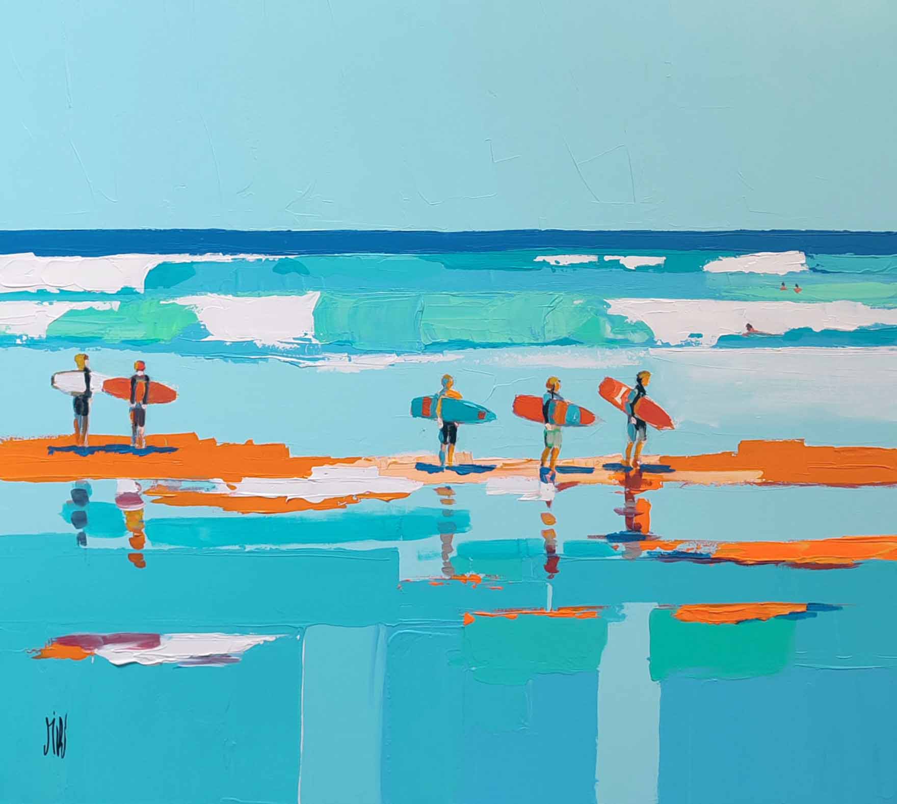 surfers at the beach oil painting