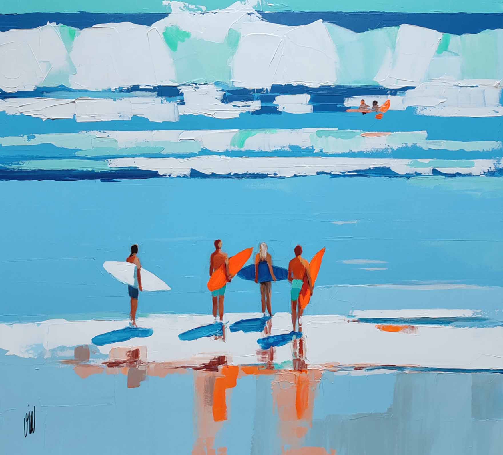 surfers at the beach, oil painting