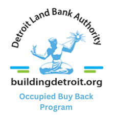 Detroit Land Bank Authority logo with blue statue holding a star, green and blue lines, website buildingdetroit.org, and text Occupied Buy Back Program.