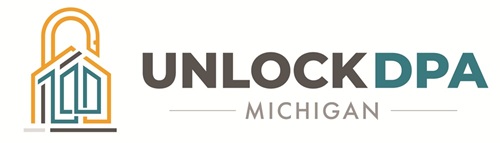 Unlock DPA Michigan logo with a stylized open padlock and house outline graphic.