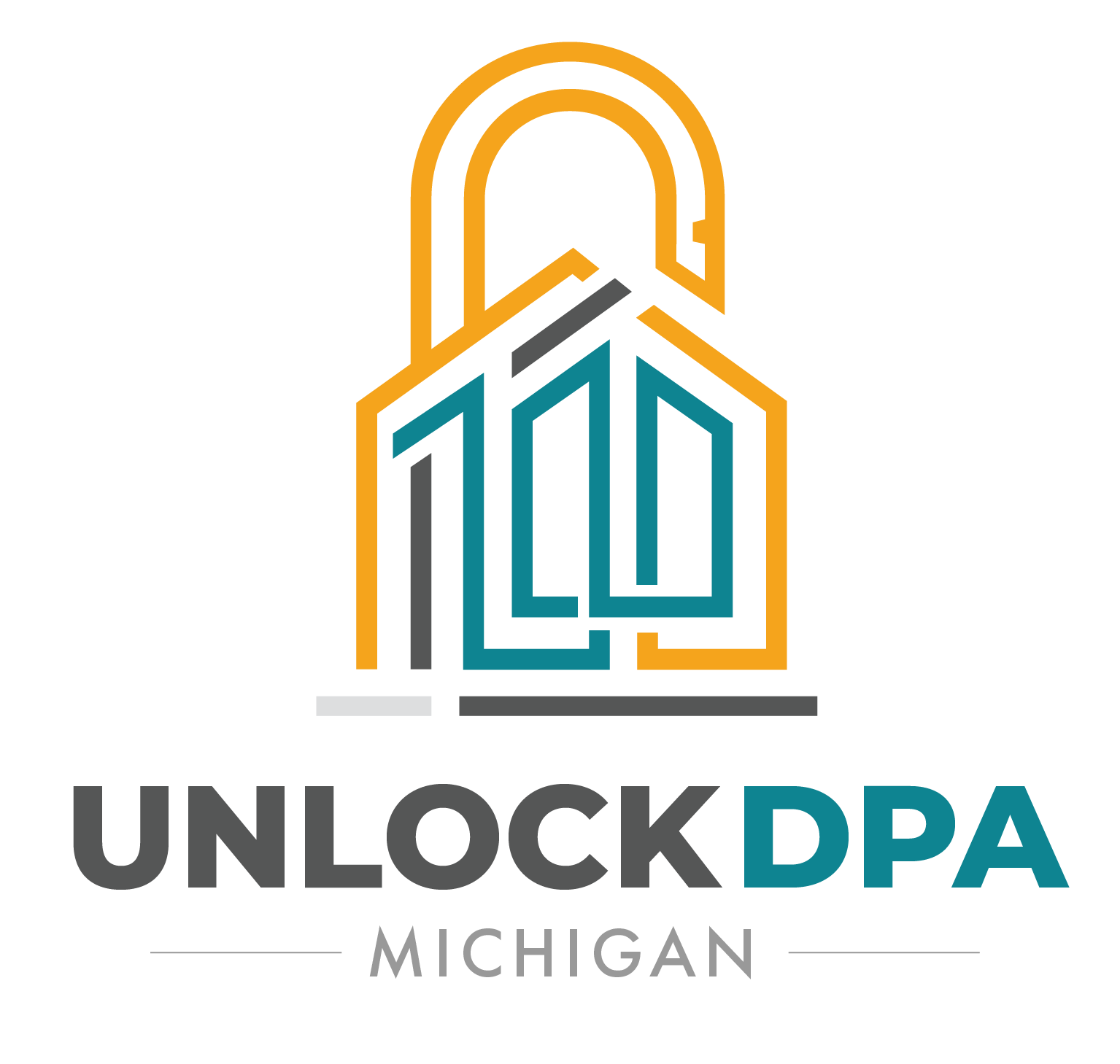 Logo with an open orange padlock and teal geometric building shapes above the text 'UnlockDPA Michigan'.