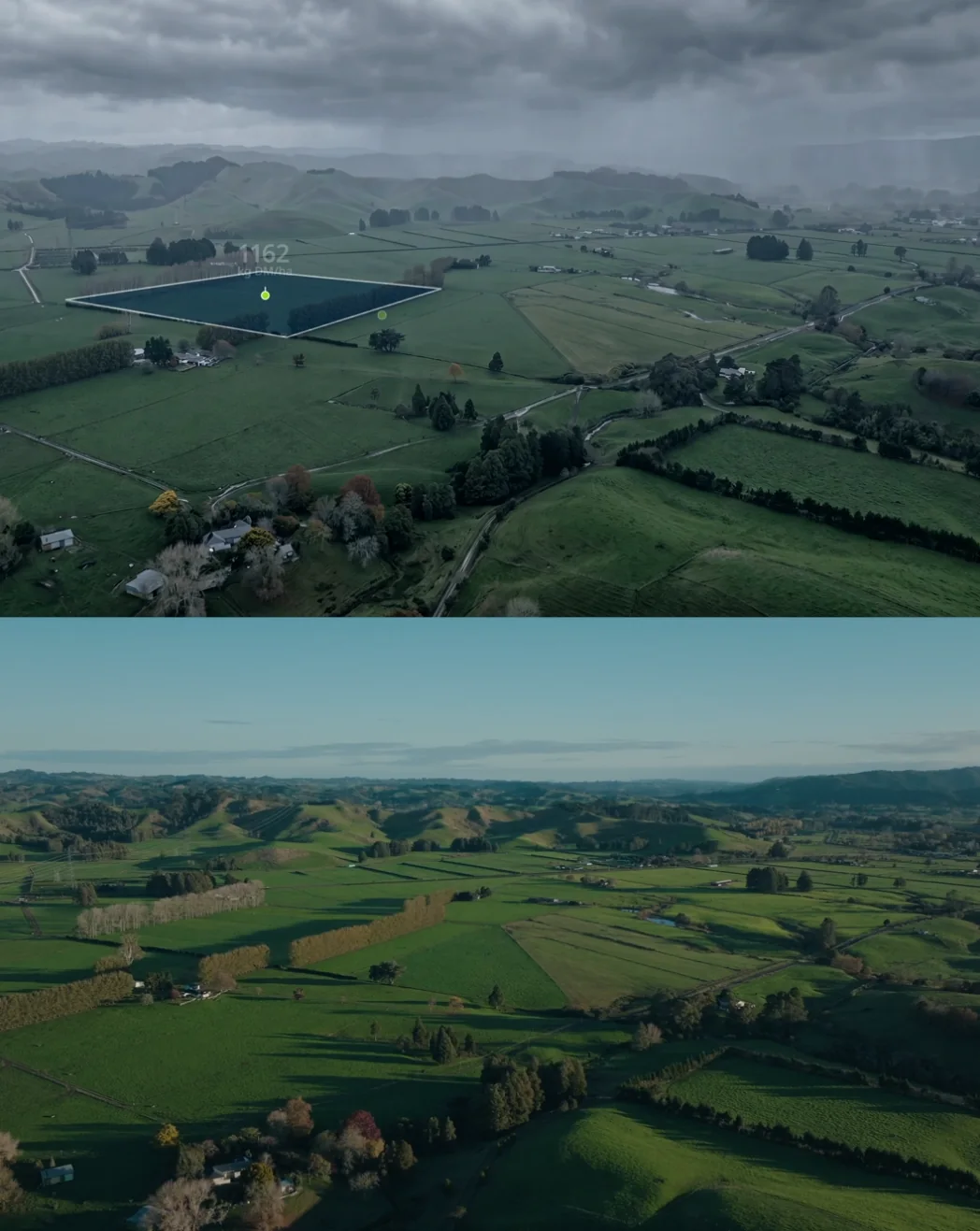 Aerial view of green farmland, shown before and after AI editing
