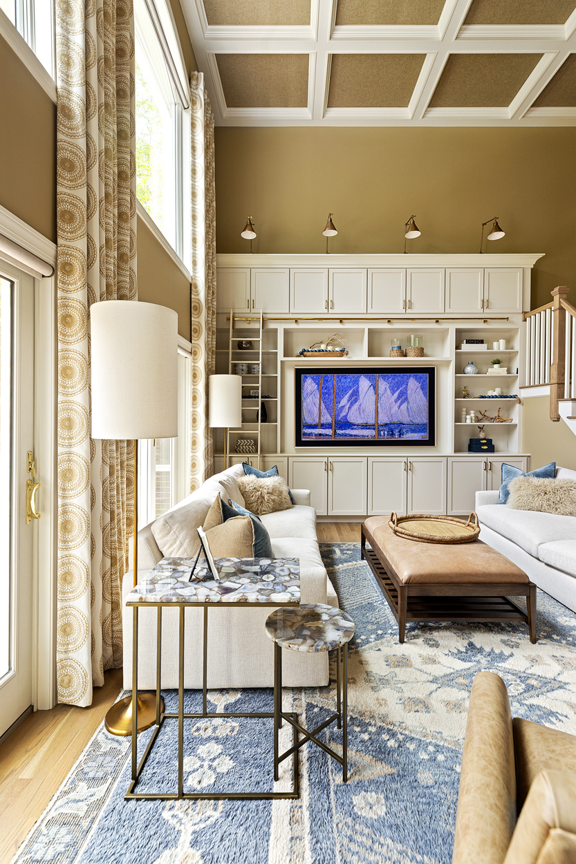 The introduction of a custom coffered ceiling added architectural depth and presence to the space