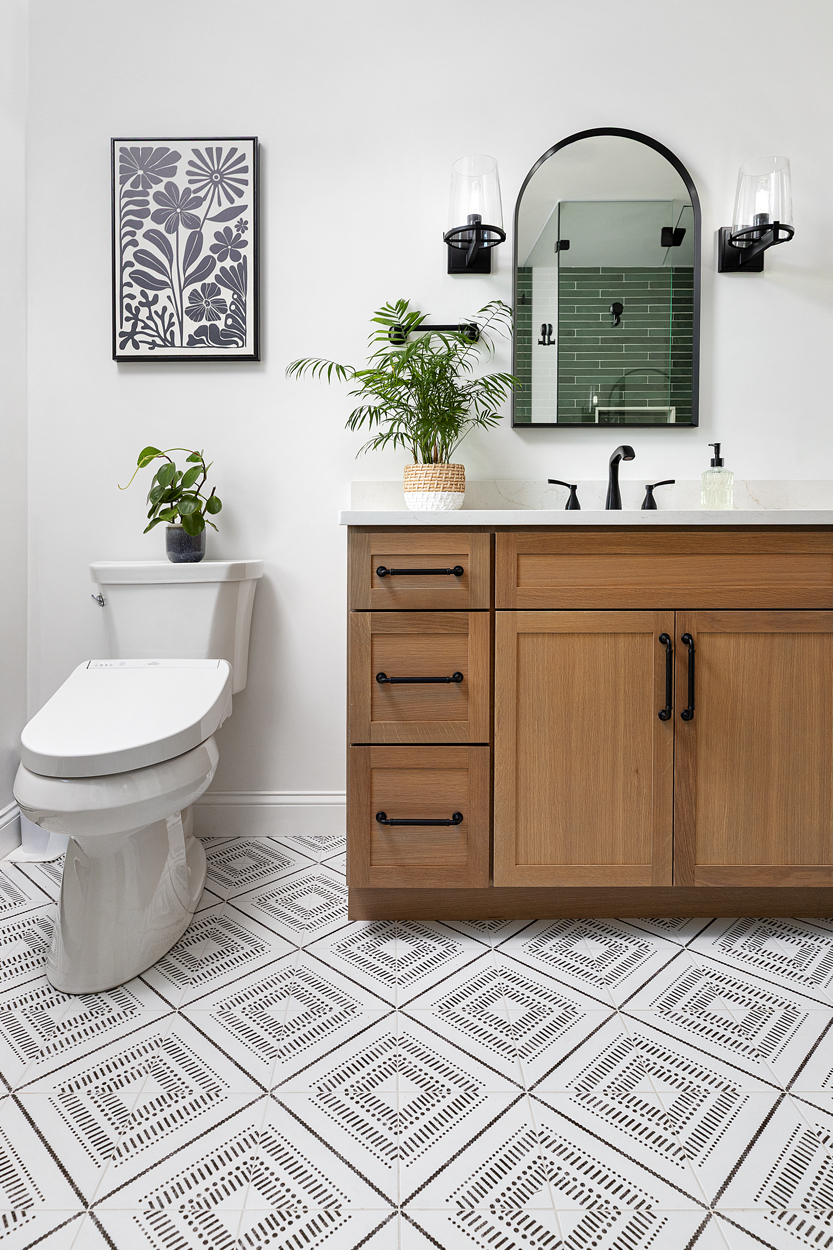 Black-and-white geometric floor tile introduces bold contrast that visually balances the richer wall tones. Softly veined quartz countertops, undermount sinks, and matte black mirrors and sconces complete the space with cohesive, refined precision.