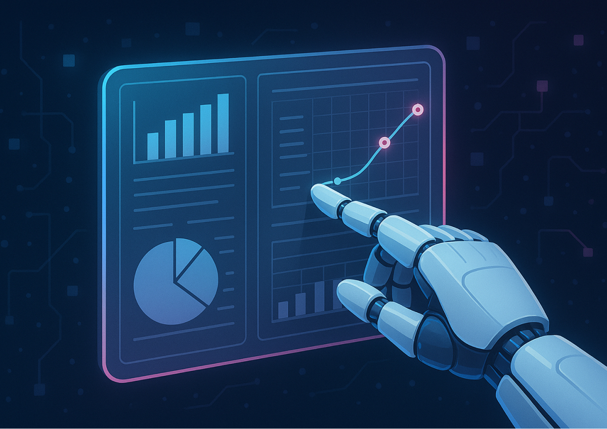 AI meets accounting: A robotic hand analyzes digital reports on a futuristic dashboard, symbolizing the rise of automation and data-driven insights in modern accounting firms.