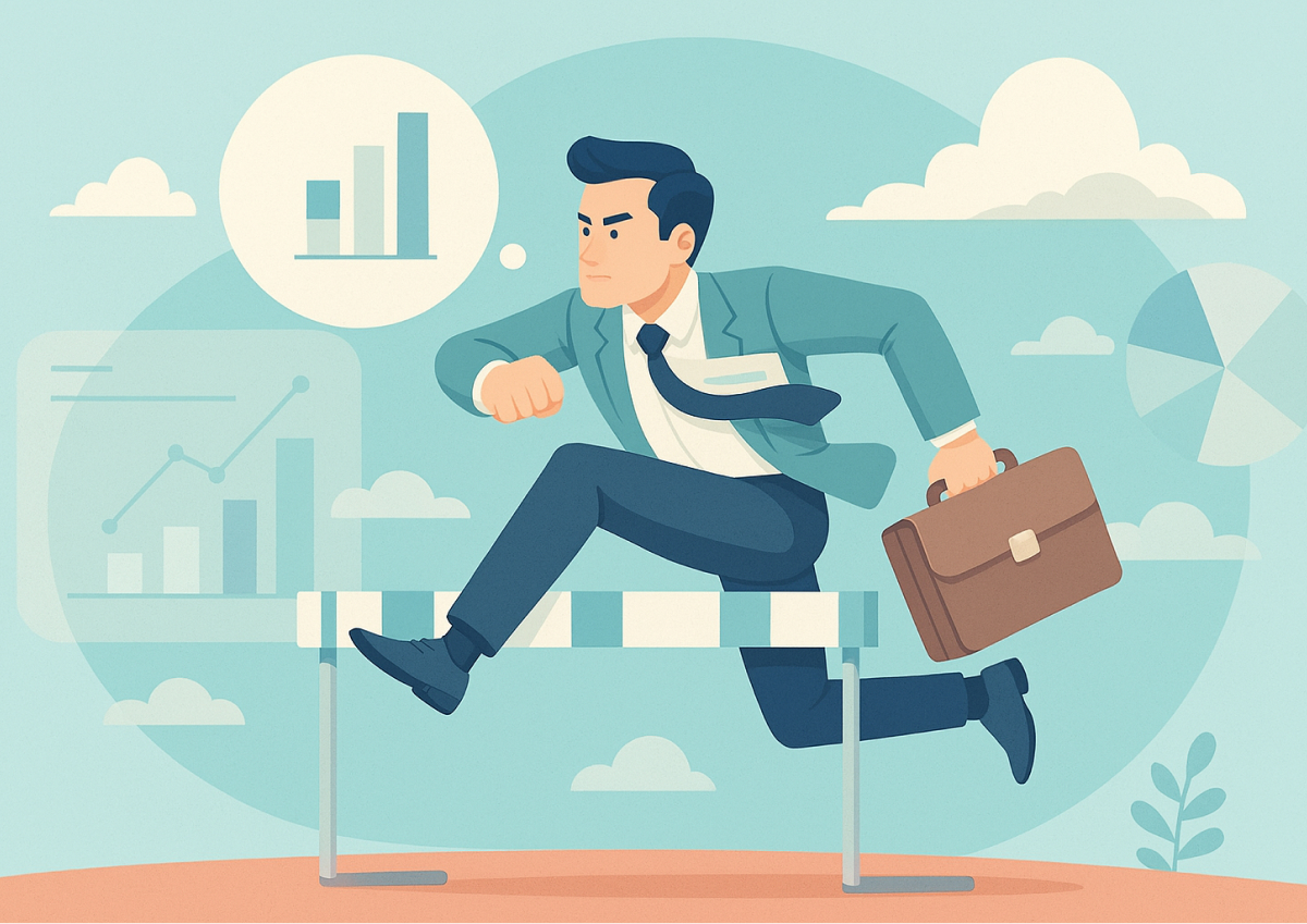 Businessman jumping over hurdle with charts in background.