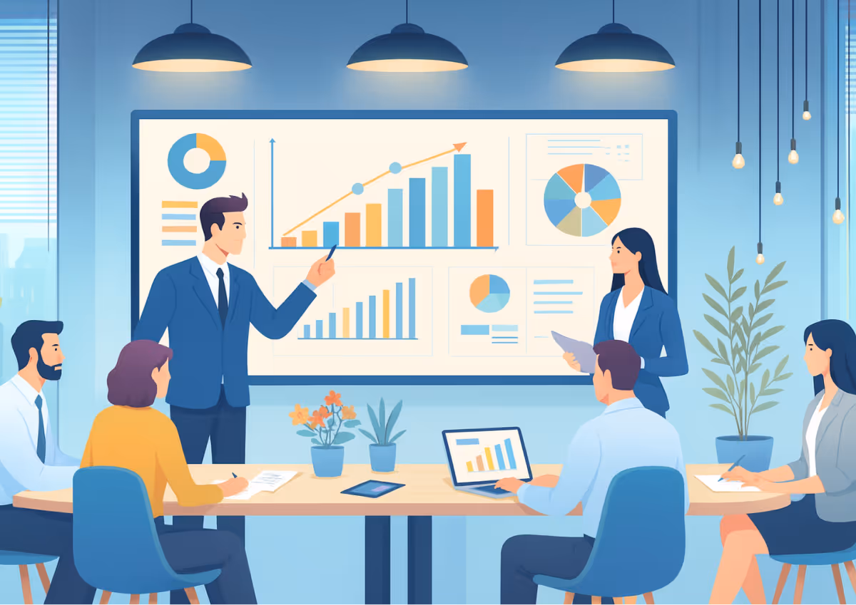 Business meeting in a modern office with professionals discussing charts and graphs on a large screen.