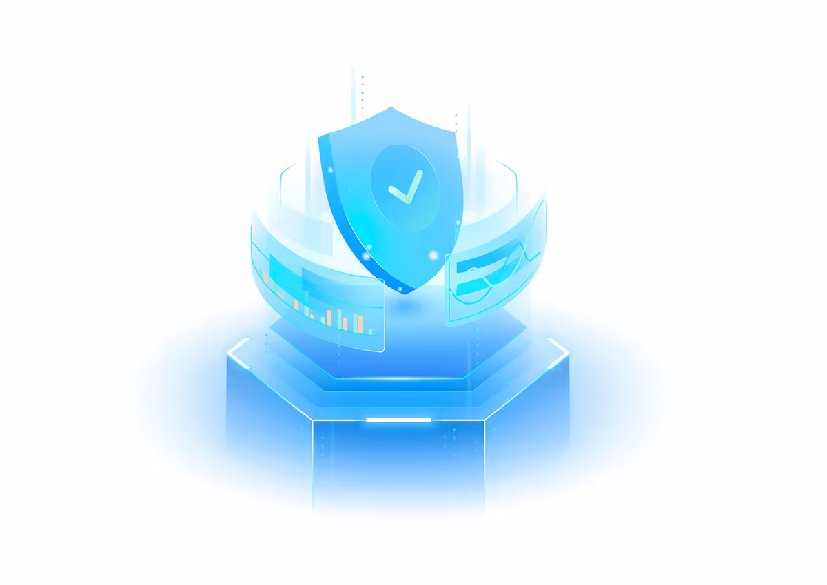 Futuristic blue shield with checkmark and holographic data panels symbolizing cybersecurity