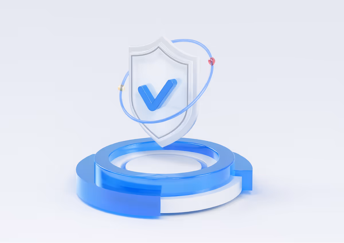 A 3D shield with a blue checkmark on a glowing circular platform, symbolizing cybersecurity and protection.
