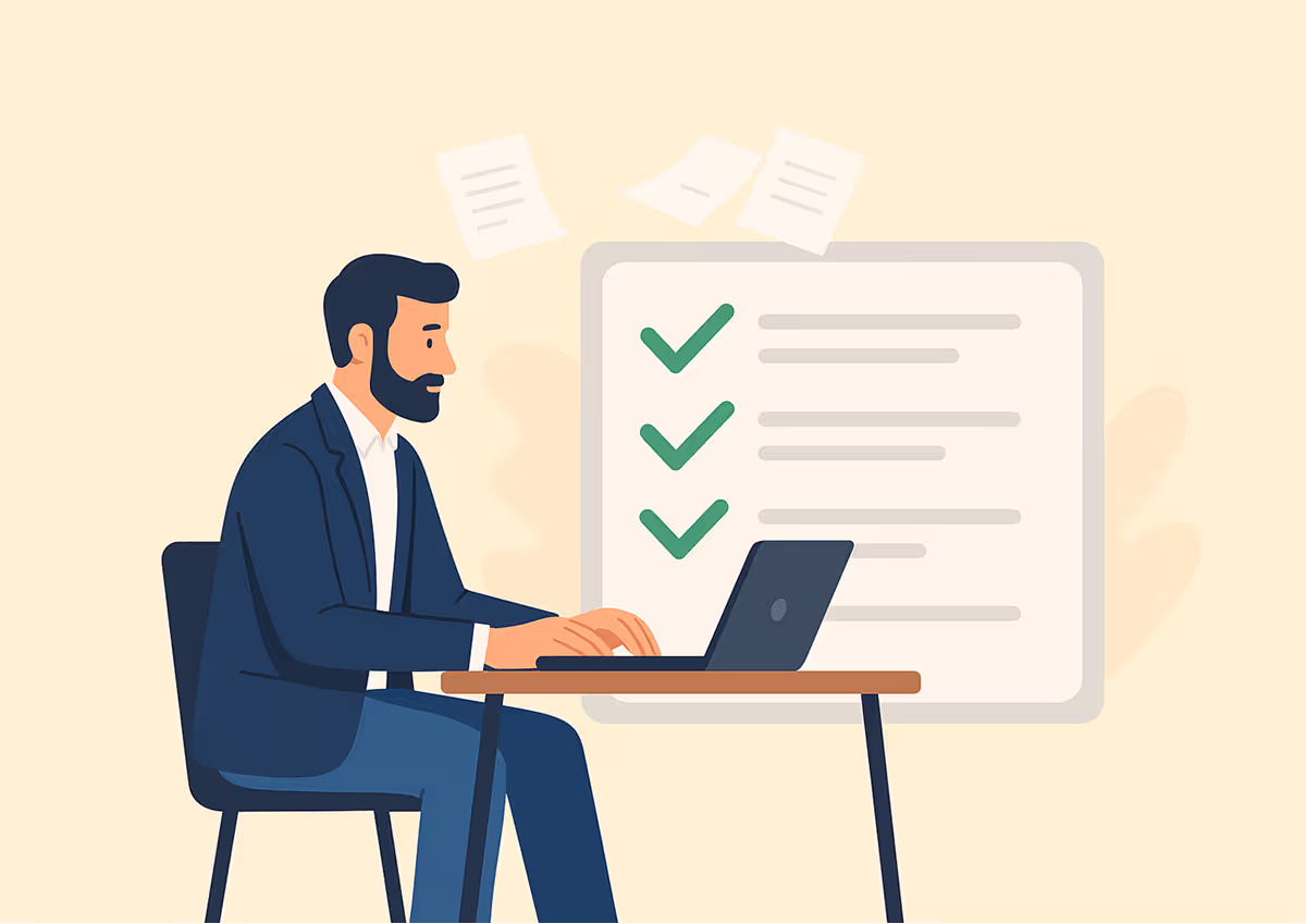 A bearded man in a navy blazer works on a laptop at a desk with a large checklist and floating papers behind him on a pale yellow background.