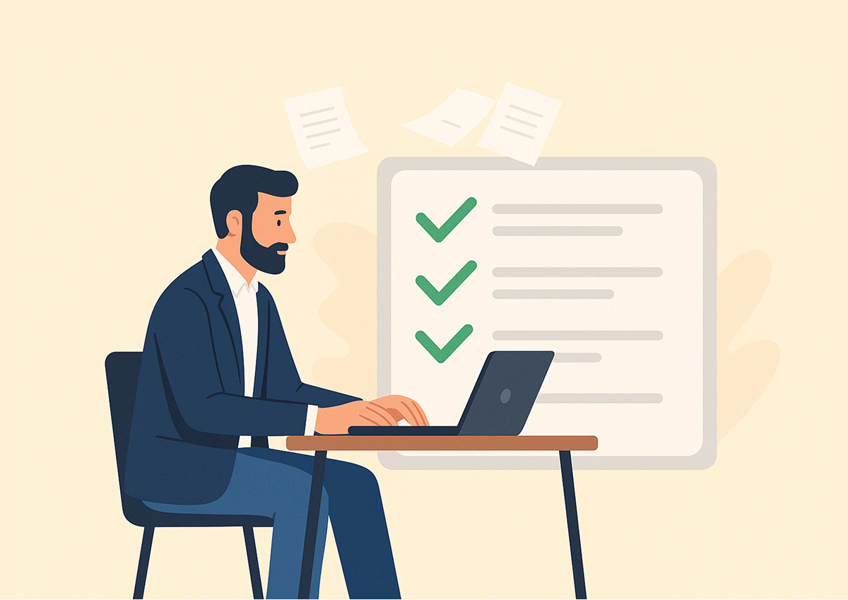 A bearded man in a navy blazer works on a laptop at a desk with a large checklist and floating papers behind him on a pale yellow background.