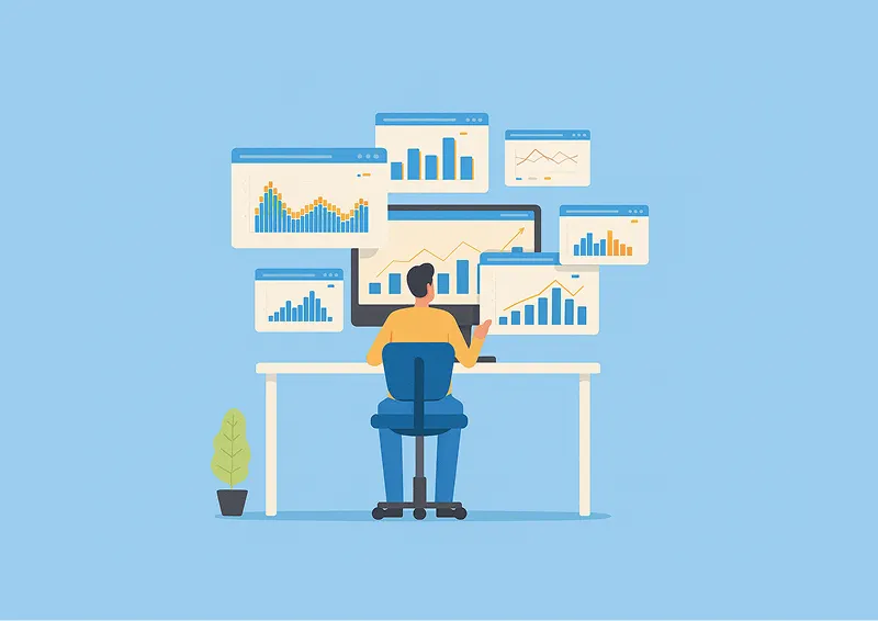 Illustration of a finance professional analyzing multiple dashboards and charts on computer screens for consolidated financial reporting.