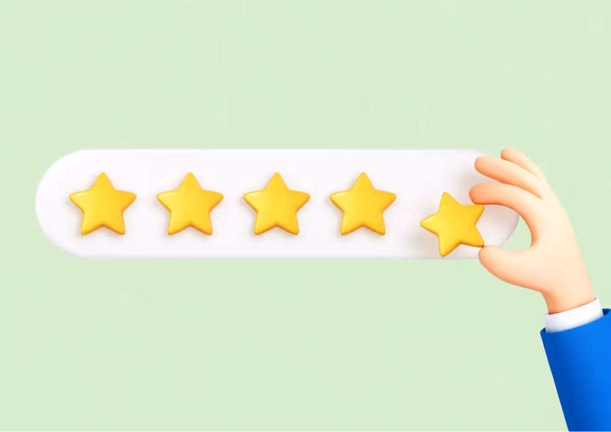 Hand placing a five-star rating icon, representing high user reviews and satisfaction.