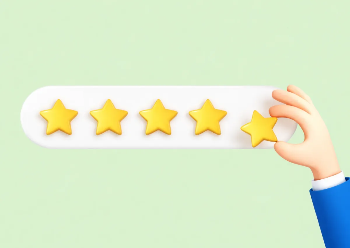 Hand placing a five-star rating icon, representing high user reviews and satisfaction.