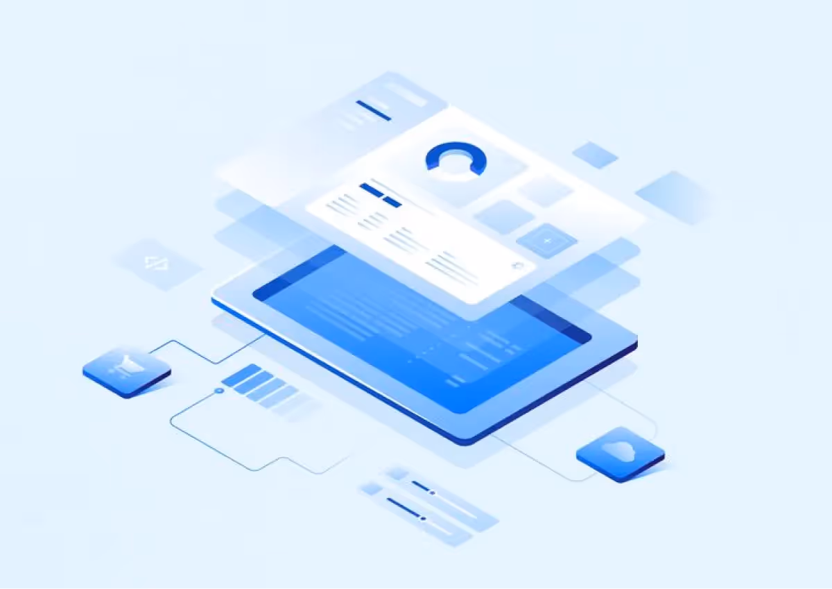 Illustration of a digital accounting dashboard with reports, charts, and connected financial data elements.
