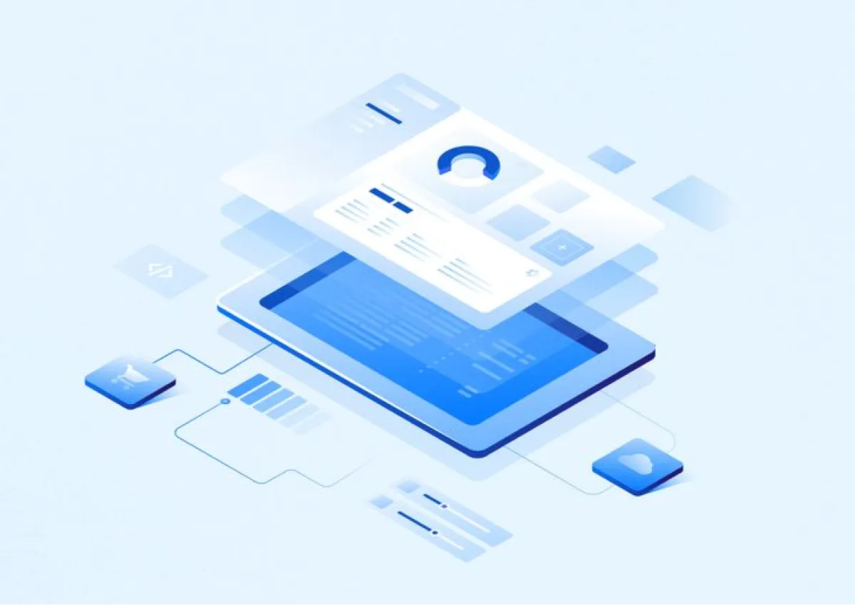 Illustration of a digital accounting dashboard with reports, charts, and connected financial data elements.