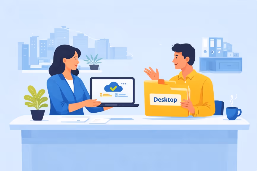 Two professionals comparing cloud and desktop accounting software