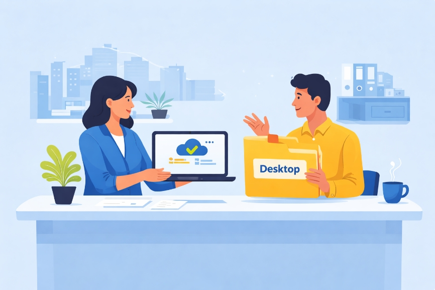 Two professionals comparing cloud and desktop accounting software