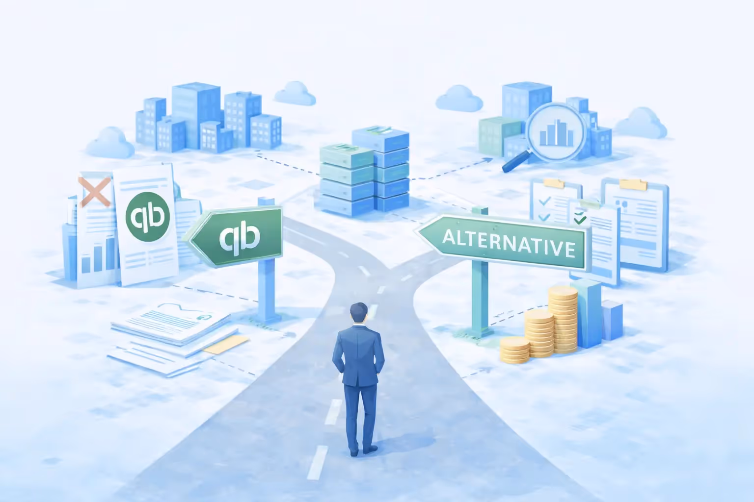 Business owner choosing between QuickBooks and a multi-entity accounting alternative at a fork in the road.