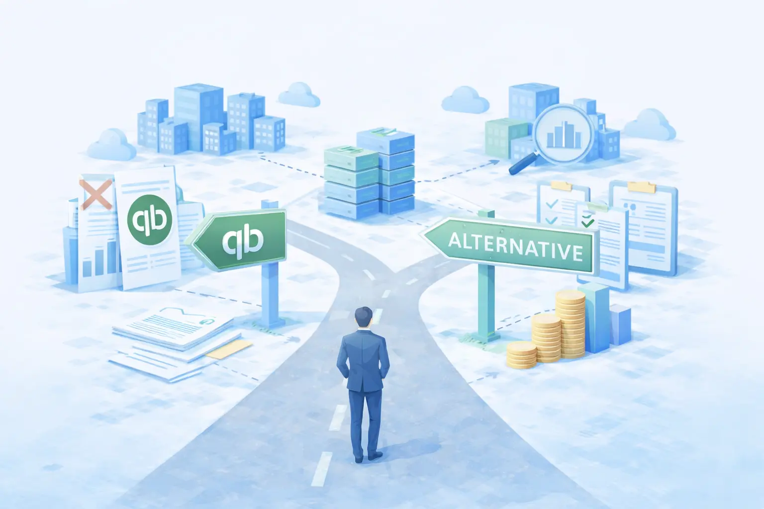 Business owner choosing between QuickBooks and a multi-entity accounting alternative at a fork in the road.