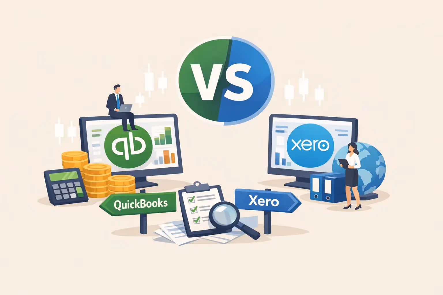 QuickBooks vs Xero accounting software comparison illustration
