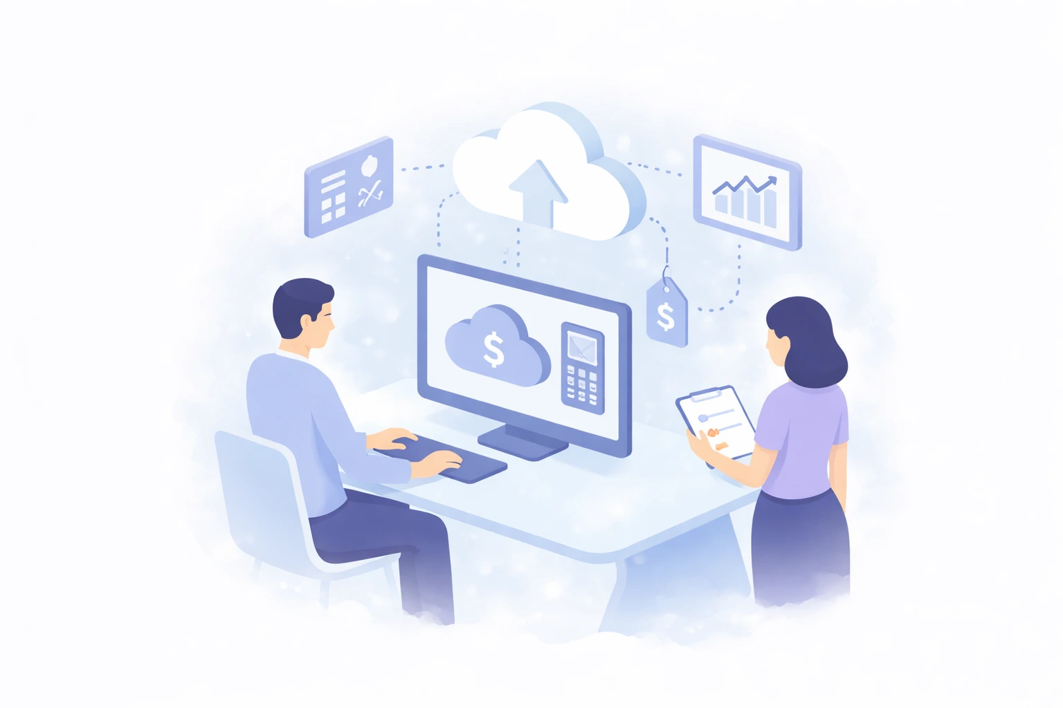 Cloud accounting illustration with two professionals and pricing icons