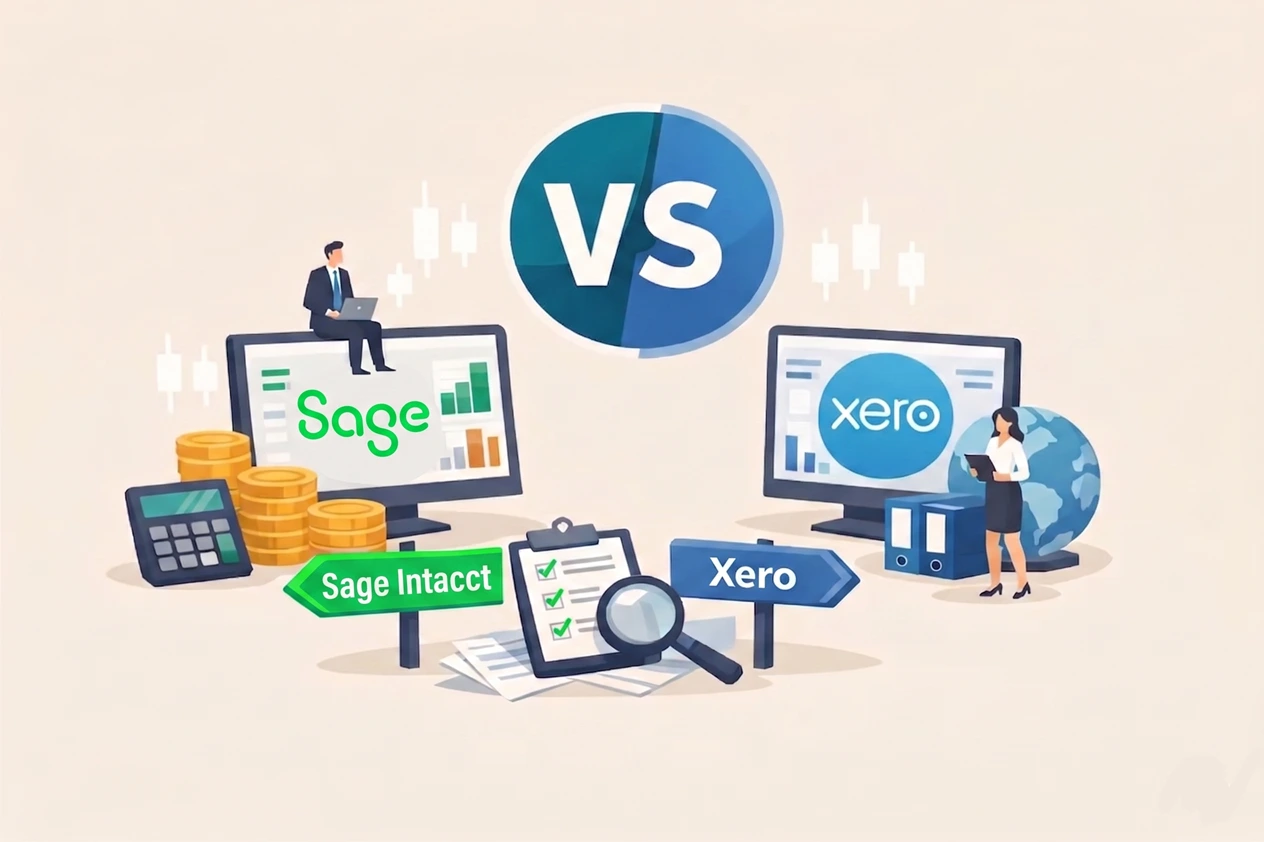 Xero vs Sage comparison illustration showing two accounting platforms side by side with financial charts, coins, and a checklist