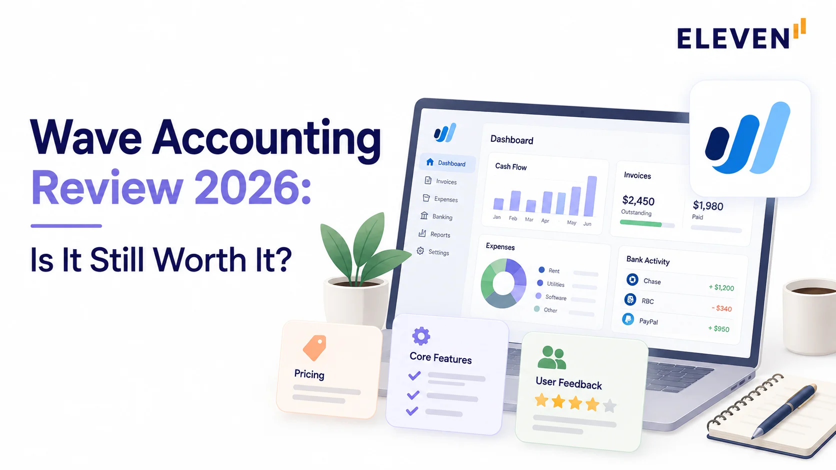 A laptop featuring Wave Accounting's dashboard and logo, serving as a thumbnail for an article titled Wave Accounting review