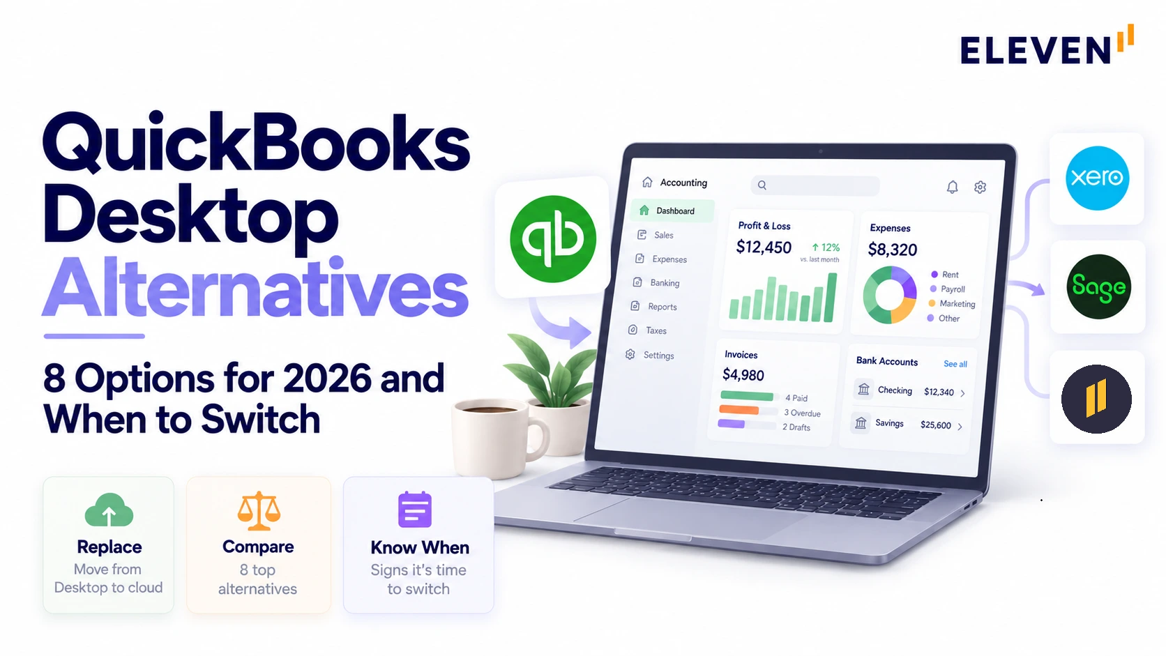 A laptop featuring QuickBooks' dashboard with a few icons of its alternatives floating next to it