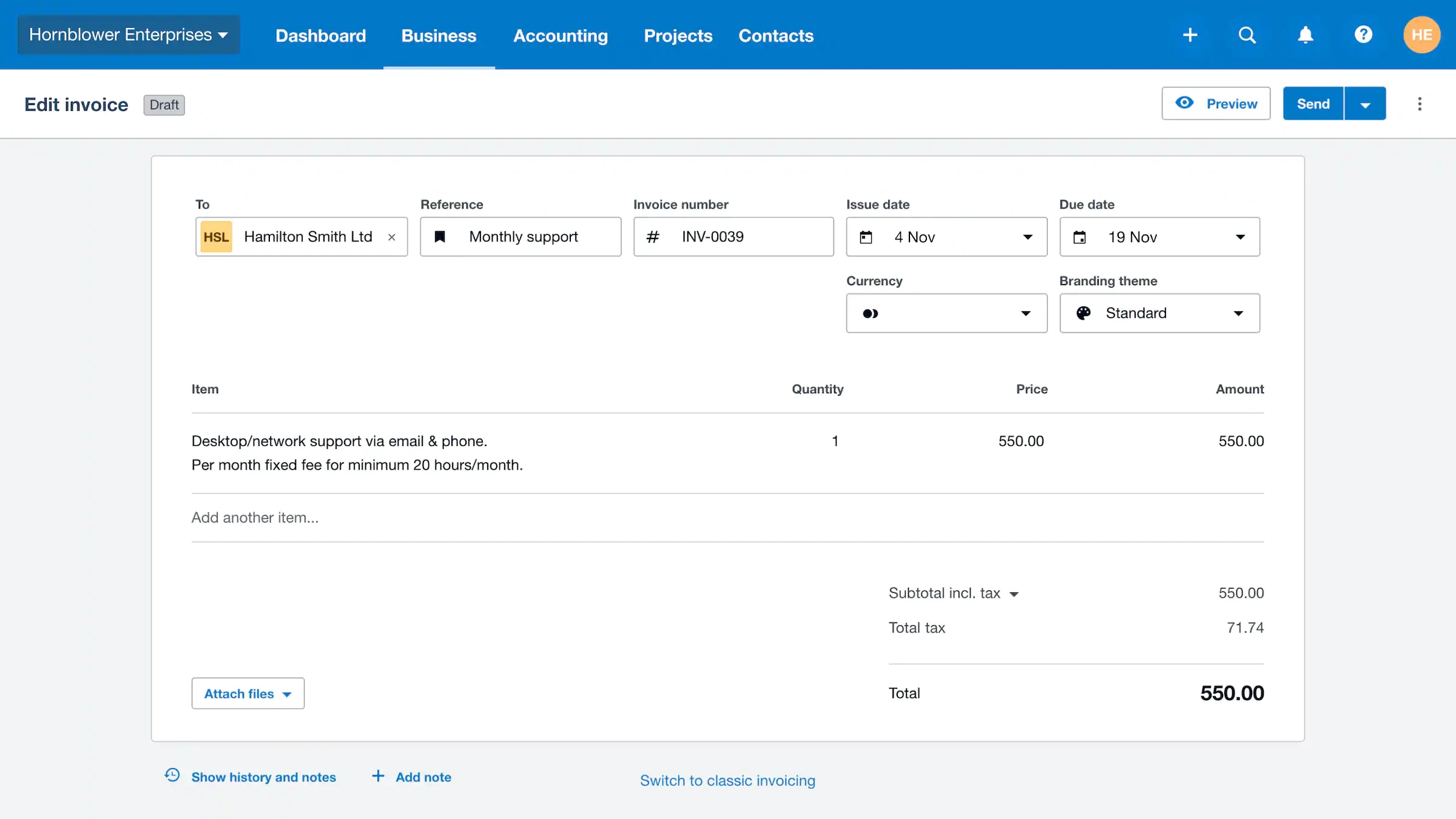 Xero's invoice editor